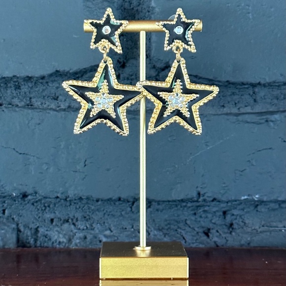 STAR GOLD WITH BLACK ENAMEL & RHINESTONE STATEMENT EARRINGS. - Picture 1 of 4